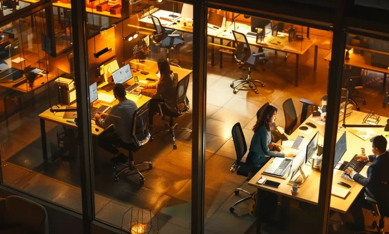 A busy office environment with employees focused on their desks, employing RFP tools to enhance workflow and collaboration.